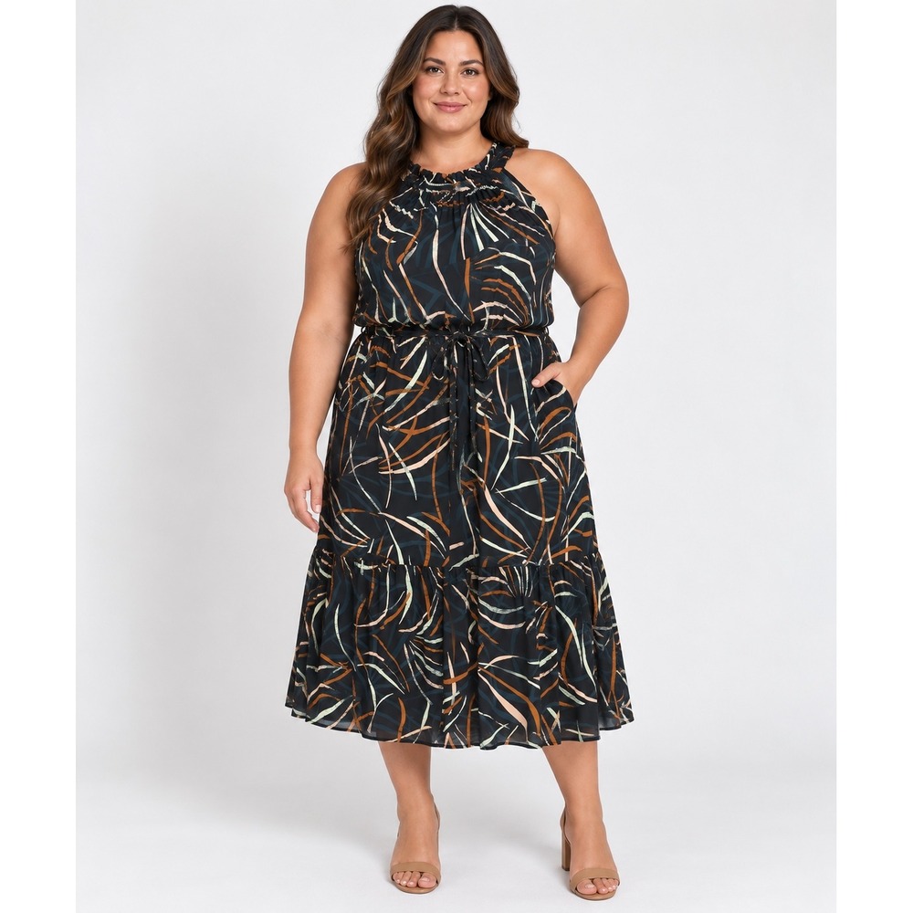 Ava & Viv Sleeveless Halter Neck Abstract Print Midi Dress Size 1X